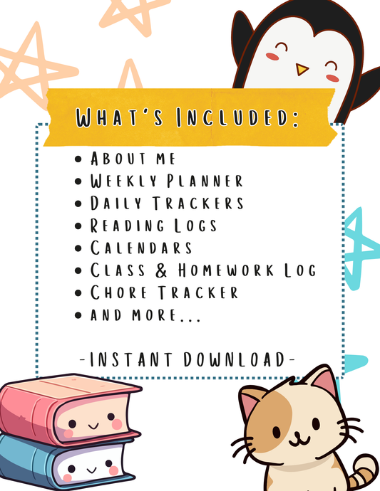 2025-2026 School Planner – 52-Page Printable PDF | Cute Student Organizer with Calendars, Trackers & Logs | Instant Download