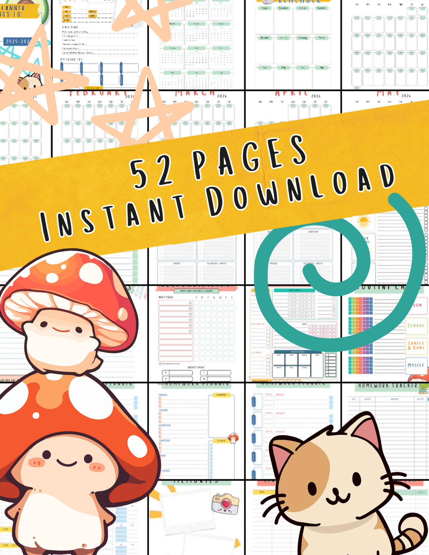 2025-2026 School Planner – 52-Page Printable PDF | Cute Student Organizer with Calendars, Trackers & Logs | Instant Download