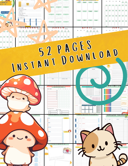 2025-2026 School Planner – 52-Page Printable PDF | Cute Student Organizer with Calendars, Trackers & Logs | Instant Download